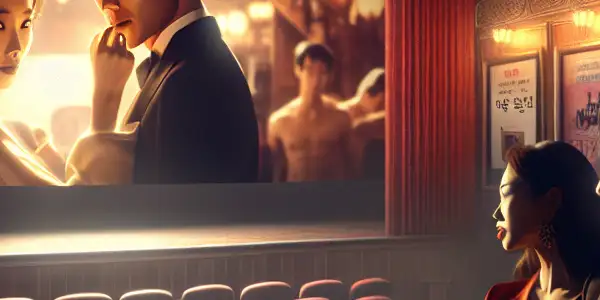 A cozy, dimly-lit movie theater featuring a captivating scene from a fictional Korean erotic film.