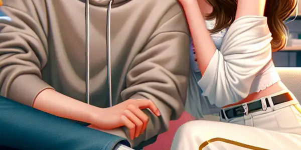 A playful young man engages with his mother's attractive friend in a cozy, modern Korean living room.