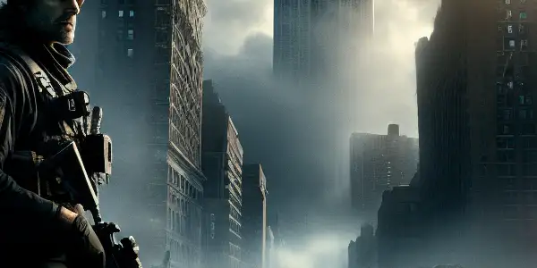 A rugged special agent surveys a desolate, overgrown New York City, filled with chaos and looming danger.