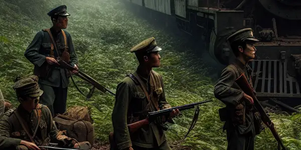 Guerrilla fighters prepare for action in a misty forest near a steam locomotive, evoking tension and bravery.
