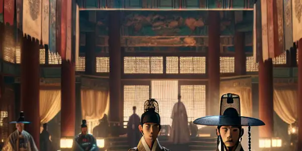 A tense royal court scene during the Joseon Dynasty, featuring a cunning advisor and an apprehensive prince amidst intrigue.