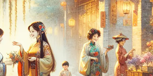 A nostalgic 1920s Beijing scene with a young girl interacting with a whimsical flower vendor in a vibrant marketplace.