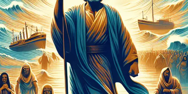 Moses parting the Red Sea, leading the Israelites with divine light and towering waves, evoking faith and triumph.