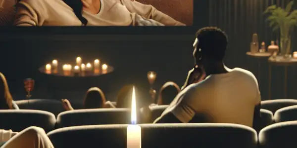 A cozy living room scene with a couple watching a film, surrounded by intimate accessories and a warm atmosphere.