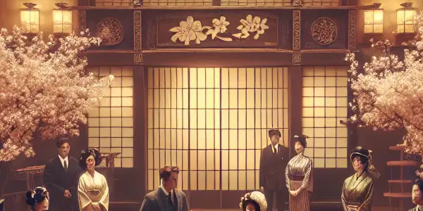 A vintage Japanese film set with actors rehearsing, featuring shoji screens, cherry blossoms, and modern equipment.