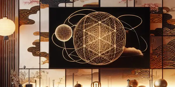 A cozy Japanese living room featuring abstract visuals, elegant decor, and silhouettes suggesting intimacy and delayed gratification.