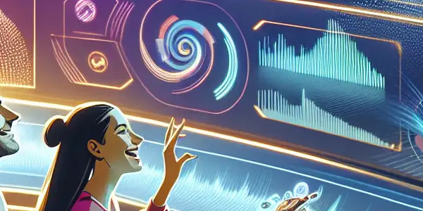 A futuristic Japanese room with a couple in an intimate moment, surrounded by glowing screens and high-tech elements.