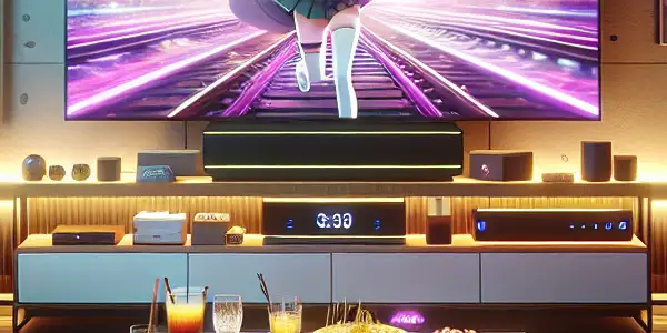 A modern living room designed for movie-watching, featuring a large TV, plush seating, snacks, and ambient lighting.