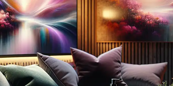 A cozy living room with a stylish couch, digital screen displaying abstract art, and a premium delay spray on a side table.